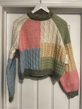 Patchwork Crewneck Cable Knit Sweater in Pink, Blue, Cream & Green